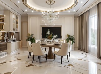 Luxury dining room with a large round table and leather chairs, marble floor tiles, chandelier, TV...