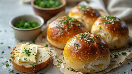 Freshly buttered buns, adorned with sliced bread and vibrant parsley, offering a delightful culinary experience