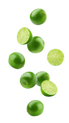Falling lime slice isolated on white background, full depth of field