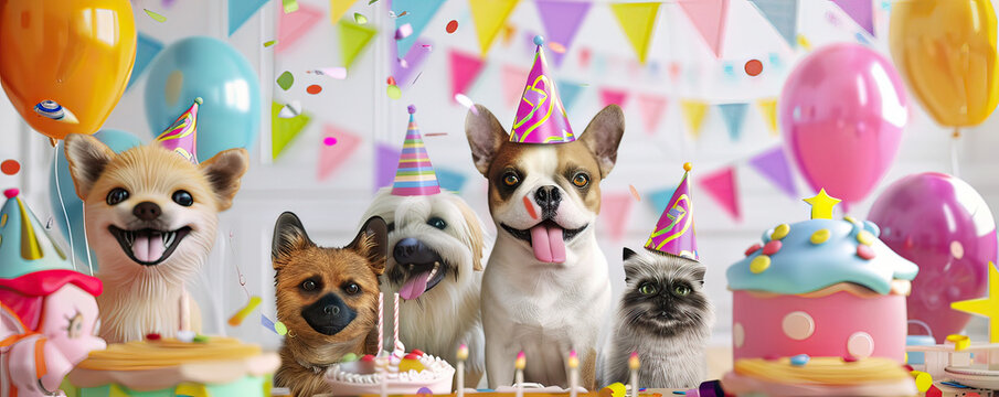 3D pet birthday party, animals in hats, cute and heartwarming celebration