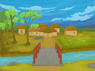 Background house after river with yellow grass in digital art