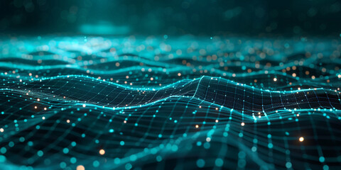 3d green abstract with digital connections and lines waves, dots representing digital binary data. Concept for big data, deep machine learning, artificial intelligence, business technology ,futuristic - obrazy, fototapety, plakaty