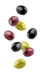 Falling Olives isolated on white background, full depth of field