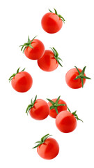 Falling tomato cherry isolated on white background, full depth of field