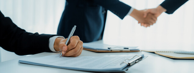 Two business executive shake hand in boardroom, sealing agreement merging two company. Handshake...