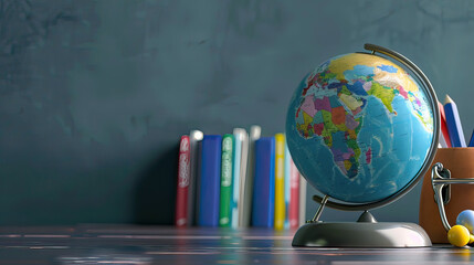 D modeled globe with educational accessories, exploring world geography, space for text