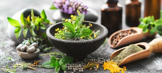 Herbal essence, an assortment of ingredients and herbs arranged on a stone table.