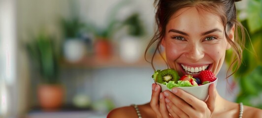 A cheerful woman with a radiant smile holds a bowl of colorful fresh fruit salad, consisting of strawberries, kiwi, and other fruits.