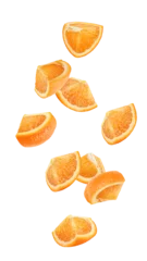 Fototapeten Falling orange slice isolated on white background, full depth of field © grey