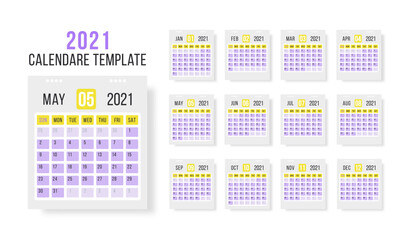 12 months yearly calendar set in 2021 on white background for organization and business. Calendar 2021 template layout. Illustration for web, reminder, planner.