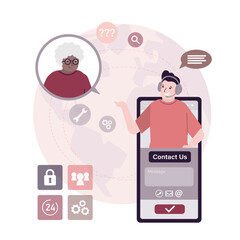 Elderly woman talking with operator. Customer support concept, Operator with headset doing live feedback, hotline serviceman advises aged client,