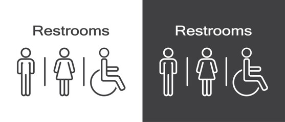 Simple Restroom icon, Man woman and disability icons sign and symbol, Restrooms icon in flat style. Male and female icon vector  in black and white background. - obrazy, fototapety, plakaty
