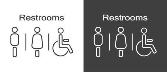 Restrooms icon, Man woman and disability icons sign and symbol, Restrooms icon in flat style. Male and female icon vector  in black and white background. - obrazy, fototapety, plakaty