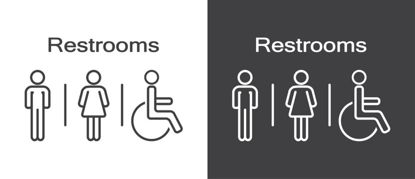 Simple Restroom icon, Man woman and disability icons sign and symbol, Restrooms icon in flat style. Male and female icon vector  in black and white background.
