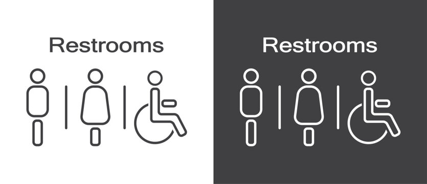 Restrooms icon, Man woman and disability icons sign and symbol, Restrooms icon in flat style. Male and female icon vector  in black and white background.