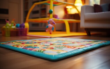 Colorful childs play mat sprawled on living room floor, inviting imaginative play