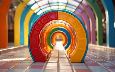 A vibrant tunnel leads to a glowing light at the end - obrazy, fototapety, plakaty