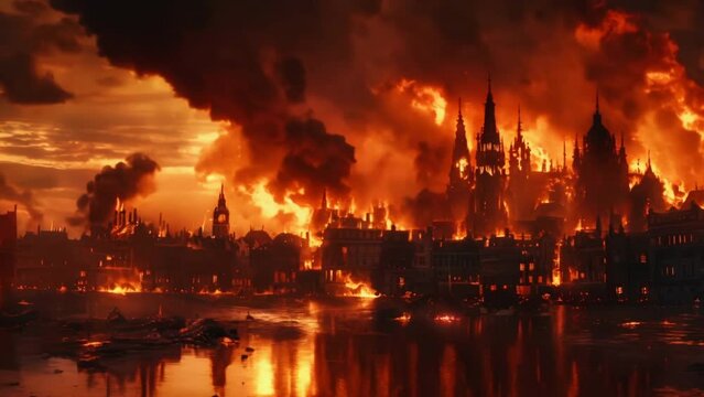 Apocalypse concept. Red skies and burning cities, covered by fires, smoke and flying debris. Disaster, nuclear war or asteroid impact landscape. Cinematic, filmic scene. Town in flame background.