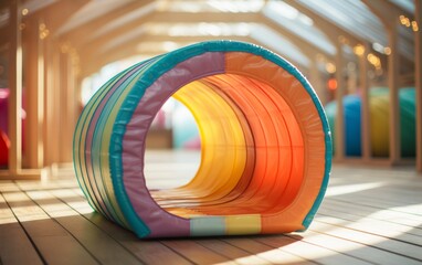 Colorful play tunnel resting on a wooden floor, creating a vibrant and playful scene