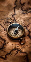 Fototapeta na wymiar Antique Compass on Weathered Map Background for Navigational Concepts