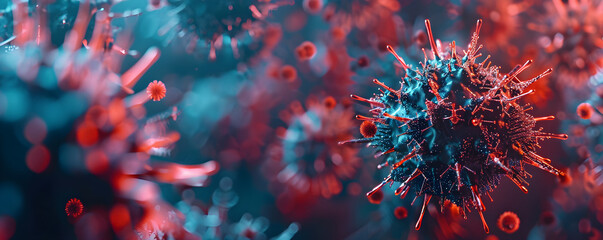 Abstract 3d banner of coronavirus cells or bacteria molecules on blurred dark background with copy space. Virus Covid 19 under microscope. Microbiology and medicine concept. Flu, infectious disease - obrazy, fototapety, plakaty