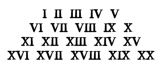 Set of roman numerals, from 1 to 20. Vector isolated on white background.
