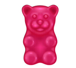 Pink gummy bear 3d realistic vector illustration. Chewing vitamin jelly candy creative design. Fruit tasted object on white background