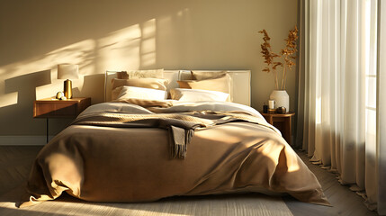 Sunlit Cozy Bedroom Interior with Modern Stylish Decor