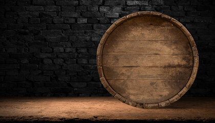 A brown hardwood barrel rests on a wooden table against a brick wall, blending in with the...