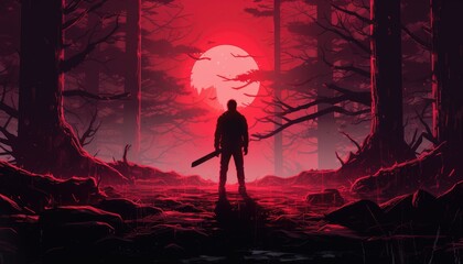A man holding axes looking at the red light deep in the forest, digital art style, illustration painting - obrazy, fototapety, plakaty