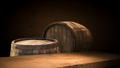 Two hardwood barrels are placed on a wooden table, possibly in a winery event. The temperature...