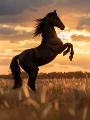 The profile of a horse is elegantly outlined against the radiant light of the setting sun in a serene countryside setting.