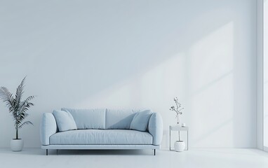 Minimalist interior design of a modern living room with a light blue sofa and white walls as a mock up background, in high definition
