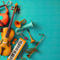 3D musical instruments for school band, symphony of learning, vibrant space for text