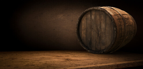 A brown wooden barrel, made of hardwood, sits atop a circular wooden table at a winery. The natural material blends into the warm temperature, showcasing tints and shades of wood stain - 773333340