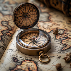 Fototapeta na wymiar Vintage Compass on Old World Map with Golden Light