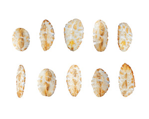 Set of flattened oat grains on a transparent background