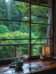 Through a wooden window, a tranquil scene of rain on lush foliage unfolds, with the comfort of a hot drink and book nearby.