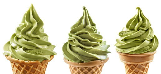 Soft serve matcha Ice cream swirl on waffle cone on transparent background cutout, PNG file. Mockup template for artwork design.