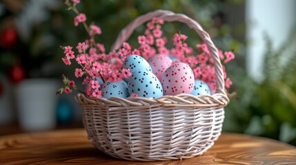   A basket overflowing with eggs on a wooden table, nearby, a pink bloom bursting with flowers