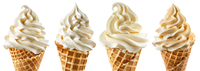 Soft serve vanilla Ice cream swirl on waffle cone on transparent background cutout, PNG file. Mockup template for artwork design.
