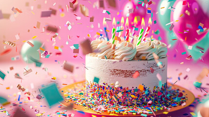 3D birthday cake with candles, colorful confetti explosion, festive mood