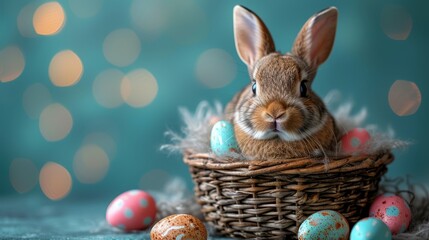 Fototapeta na wymiar A brown bunny sits in a basket, surrounded by a pile of eggs In the background, a blue bowl of lights is visible