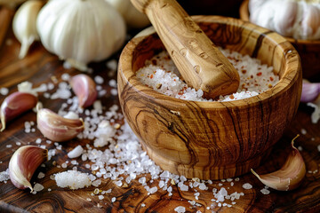 A wooden mortar and pestle, brimming with crushed garlic and sea salt, creating a fragrant paste that tantalizes the senses with its piquancy. - obrazy, fototapety, plakaty