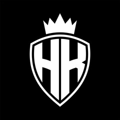 HK Letter monogram shield and crown outline shape with black and white color design