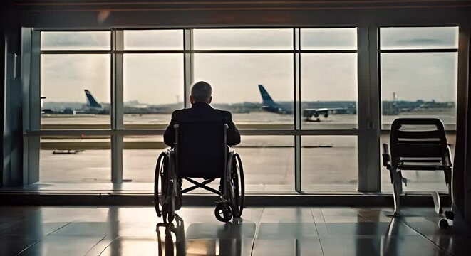 Person in a wheelchair at the airport. Accessibility for people with reduced mobility.