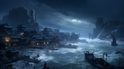 
Afishing village, once bustling, now grapples with therising sea level. Theturbulent waves breach the shore, leaving behind a trail ofdisplacement. Theblue horizon holds both beauty and sorrow.