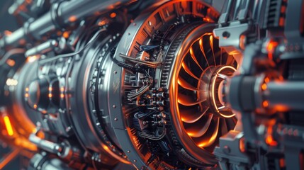 A high-tech futuristic turbine engine with fans. Jet engine with drive - obrazy, fototapety, plakaty