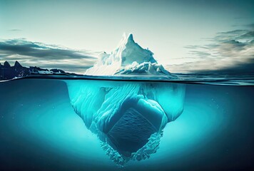 Big iceberg over the blue sea surface background. Landscape and business metaphor concept. Digital art illustration theme. Generative AI