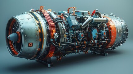 A high-tech futuristic turbine engine with fans. Jet engine with drive